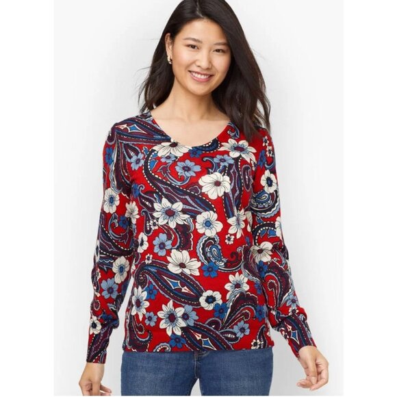 Talbots Womens Sweater Sz XL Petite Red Paisley Floral Merino Wool NEW MSRP $110 - Picture 1 of 13